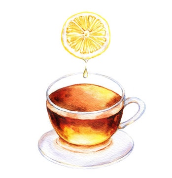 Hand-drawn watercolor illustration of the tea. Cup of the lemon tea, juicy sliced lemon isolated on the white background.