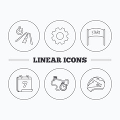 Motorcycle helmet, race timer and travel time.