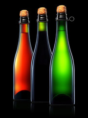 Set of beer bottles with clipping path isolated on black gradient background