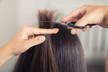 Hairdresser cut hair of woman closeup