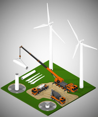 Vector isometric illustration describing a wind farm under construction. Pouring the foundation, installation of towers, installation of components of the turbine.