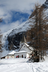 The Sanctuary of Santa Croce. It is located above the village of San Leonardo in Badia. The sanctuary is located at the foot of the Sasso di Santa Croce, in Val Badia. South Tyrol, Italy