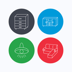 Corner sofa, ceiling lamp and chest icons.