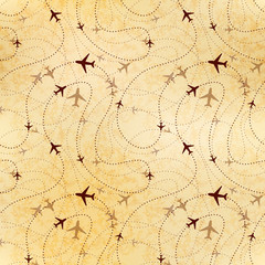 Airline routes, map on old paper, seamless pattern
