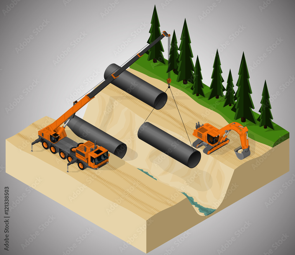 Wall mural vector isometric illustration describing the pipeline construction process, using a mobile crane and