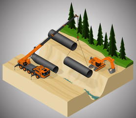 Vector isometric illustration describing the pipeline construction process, using a mobile crane and a excavator.