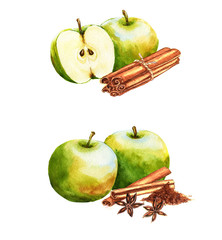 Hand-drawn watercolor illustration of the green apples with cinnamon. Food drawing isolated on the white background.