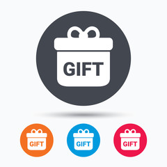 Gift icon. Present box with bow sign.