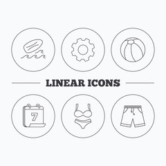 Surfboard, beach ball and trunks icons.