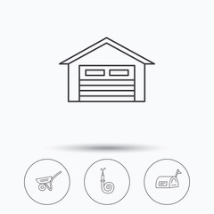 Mailbox, garage and fire hose icons.