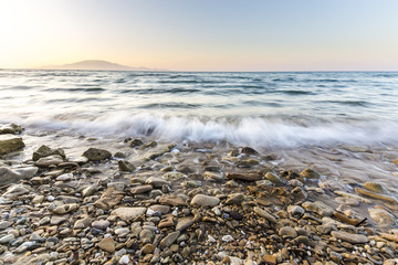 View of a rocky coast at sunset, Long exposure shot., Zakynthos, Greece