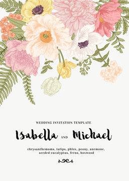 Wedding invitation with summer flowers.