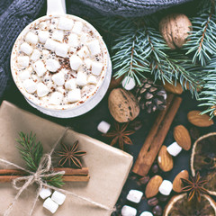 Fototapeta na wymiar Cocoa, coffee with marshmallows, nuts, gift
