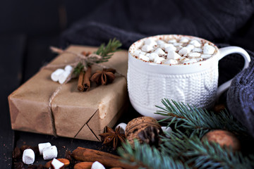 Obraz na płótnie Canvas Cocoa, coffee with marshmallows, nuts, gift