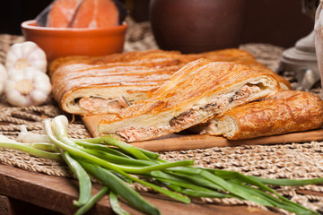 Pie on the table with food set