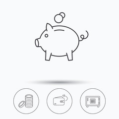 Piggy bank, cash money and wallet icons.
