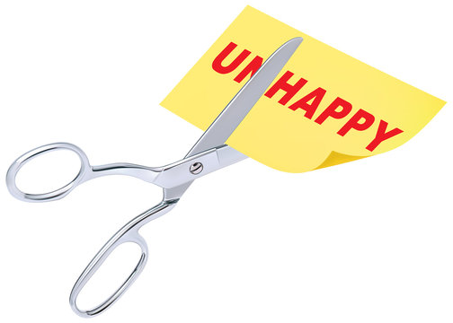 scissors remove the word unhappy to read happy concept for self