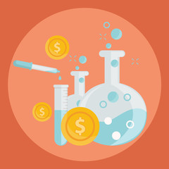 Business concept of alchemy experiment for generating money and ideas with laboratory equipments in flat design
