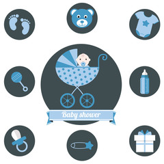 Baby shower icons set boy blue