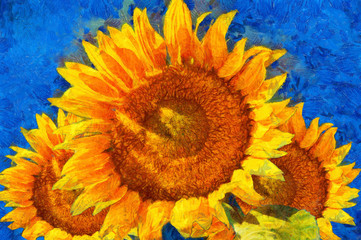 Sunflowers.Van Gogh style imitation. Digital imitation of post impressionism oil painting. - obrazy, fototapety, plakaty