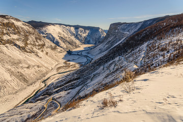 mountain road snow winter valley