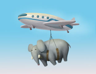 illustration of aircraft transporting an elephant, world shipping, delivery