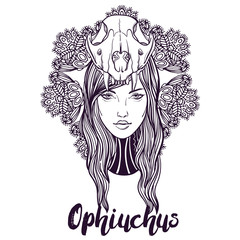 Vintage tattoo art. Highly detailed hand drawn Ophiuchus sign. Skull snake on girl line artvstyle. Engraved isolated vector illustration.