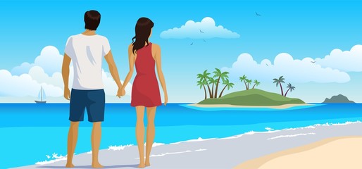 Obraz na płótnie Canvas Tropical landscape, lovers walking on the beach