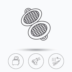 Curling iron, hair-dryer and toaster icons.