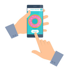 Man is ordering online donut by phone. Food delivery.