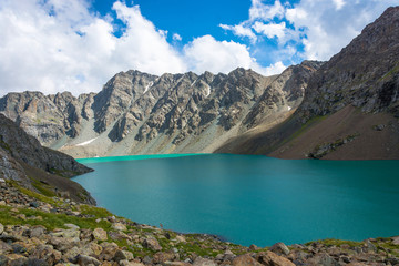 Fototapeta na wymiar Landscape with mountain lake Ala-Kul, Kyrgyzstan.