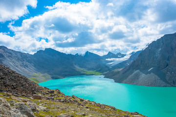 Naklejka na ściany i meble Landscape with mountain lake Ala-Kul, Kyrgyzstan.