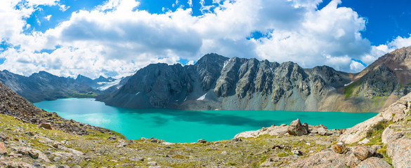 Panorama mountain lake Ala-Kul, Kyrgyzstan.
