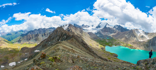 Panorama mountain lake Ala-Kul, Kyrgyzstan.