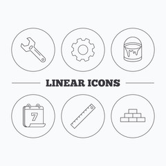 Brickwork, measurement and adjustable wrench icons.