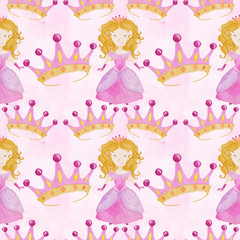 Princess Seamless pattern Pink  Fairy watercolor Illustration Isolated on the white
