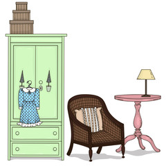 Wardrobe, chair, desk, light. Vector illustration. Drawn by hand.