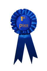 First place blue ribbon award on white background.