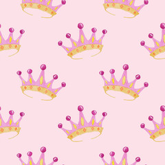  Crown Seamless pattern Princess Fairy Pink Bakground Baby Girls watercolor Illustration Isolated on the white   © Tanya Kart