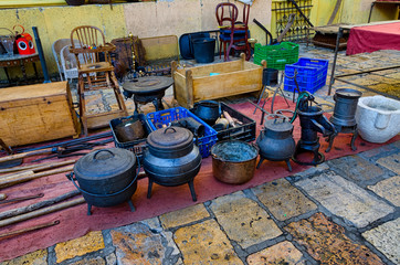 Different house equipment exhibited on market in Tarragona, Spain