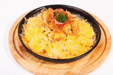 fried potatoes with cheese and meat