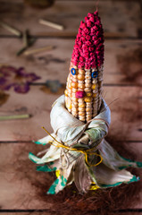 Handmade dwarf of a corn-cob on a wooden background, leisure time and children craft concept
