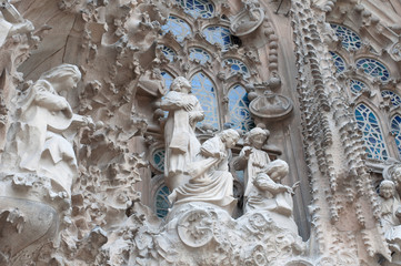 Detail view of Facade of Sagrada Familia in Barcelona, Spain.
