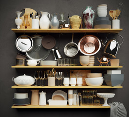 Regal mit Küchenutensilien - Shelf with kitchen props - obrazy, fototapety, plakaty