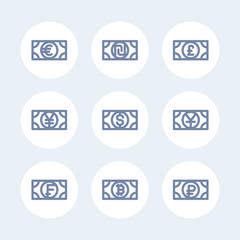 currencies line icons, ruble, pound, dollar, franc, yen, yuan, shekel