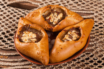 Pie on the table with food set