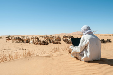 Tuareg browsing internet at Sahara - obrazy, fototapety, plakaty