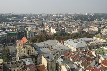 Fototapeta premium View from the Town Hall of the church of the Jesuits, Lviv, Ukraine 