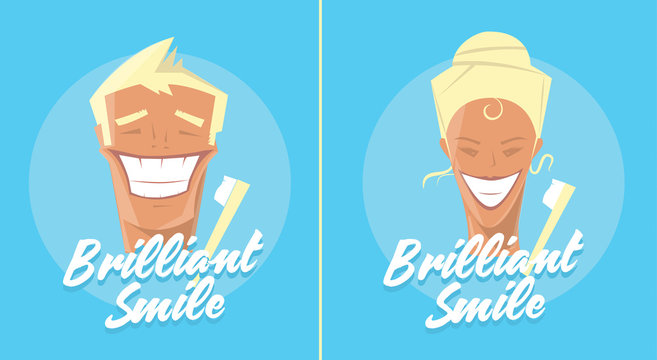 Poster with man and woman smiling. White healthy teeth, toothbrush or toothpaste advertisement. Retro style. Denist service, stomatology