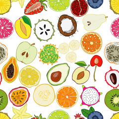 Seamless pattern with exotic fresh fruits.